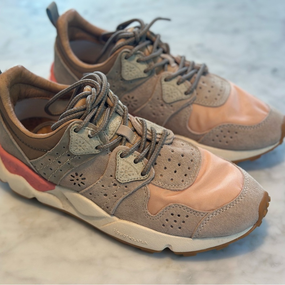 Flower Mountain Trekking Pink and Tan Sneakers Sz 7/38 EUC